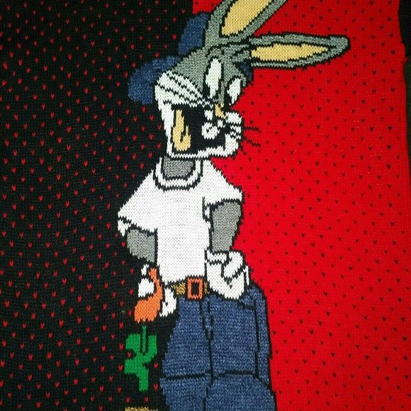 1996 Vintage Bugs Bunny Ugly Christmas Sweater Looney Tunes Black Red Hearts VTG - Picture 11 of 12